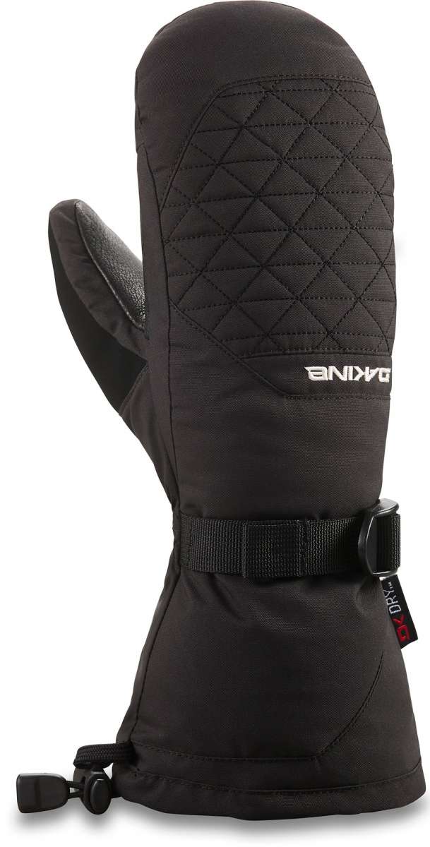 Dakine Ladies Leather Camino Mitten - Mittens are black with quilted pattern on top of palm and fingers, leather trim around wrist strap.