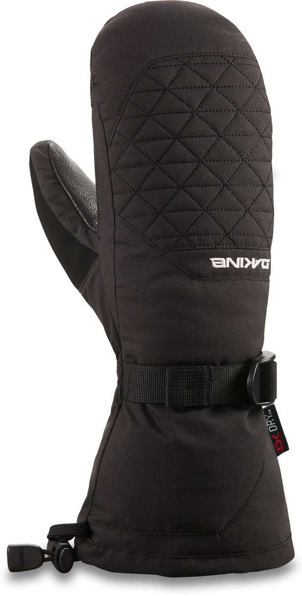 Dakine Women's Leather Camino Mittens - A pair of black mittens with quilted pattern on top and leather palm, featuring a strap closure at wrist.