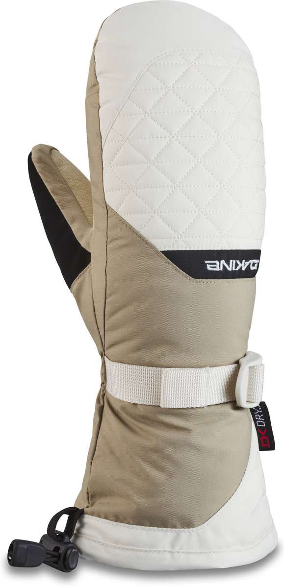 Dakine Women's Leather Camino Mittens - A pair of tan mittens with a quilted white leather palm and black trim around the wrist strap.