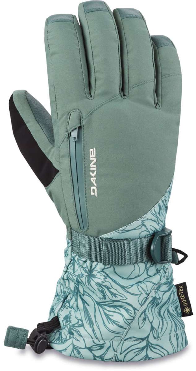 Dakine Women's Leather Sequoia GORE-TEX Gloves - A pair of gloves with a floral pattern on the wrist and palm, in a light green color.