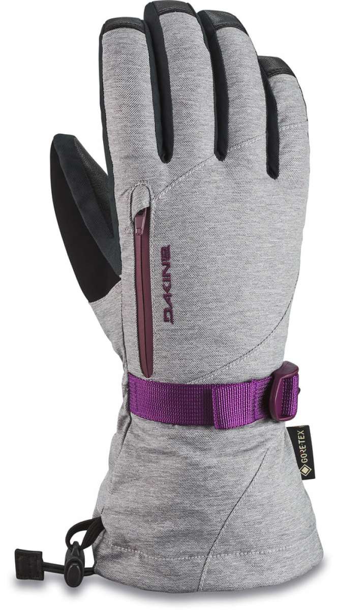 Dakine Women's Leather Sequoia GORE-TEX Gloves 2024 - A pair of gloves with a brown leather palm and gray fabric back, featuring a zippered pocket on the wrist.