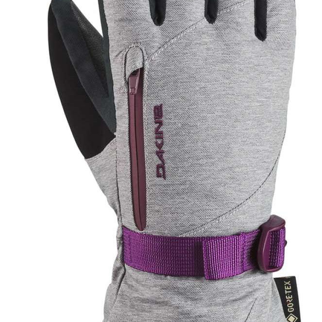 Dakine Women's Leather Sequoia GORE-TEX Gloves 2024 - A pair of gloves with a brown leather palm and gray fabric back, featuring a zippered pocket on the wrist.