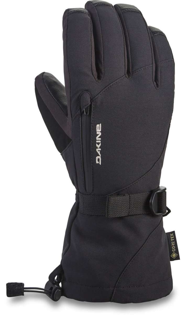 Dakine Women's Leather Sequoia GORE-TEX Gloves - A pair of black gloves with a distinctive leather palm and wrist strap, featuring a zippered pocket on the back.