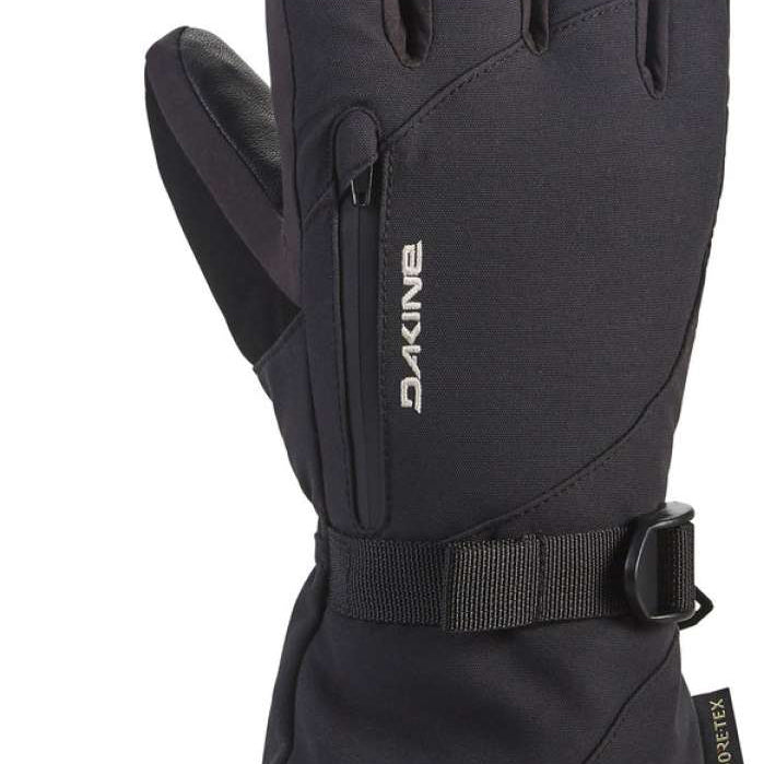 Dakine Women's Leather Sequoia GORE-TEX Gloves - A pair of black gloves with a distinctive leather palm and wrist strap, featuring a zippered pocket on the back.