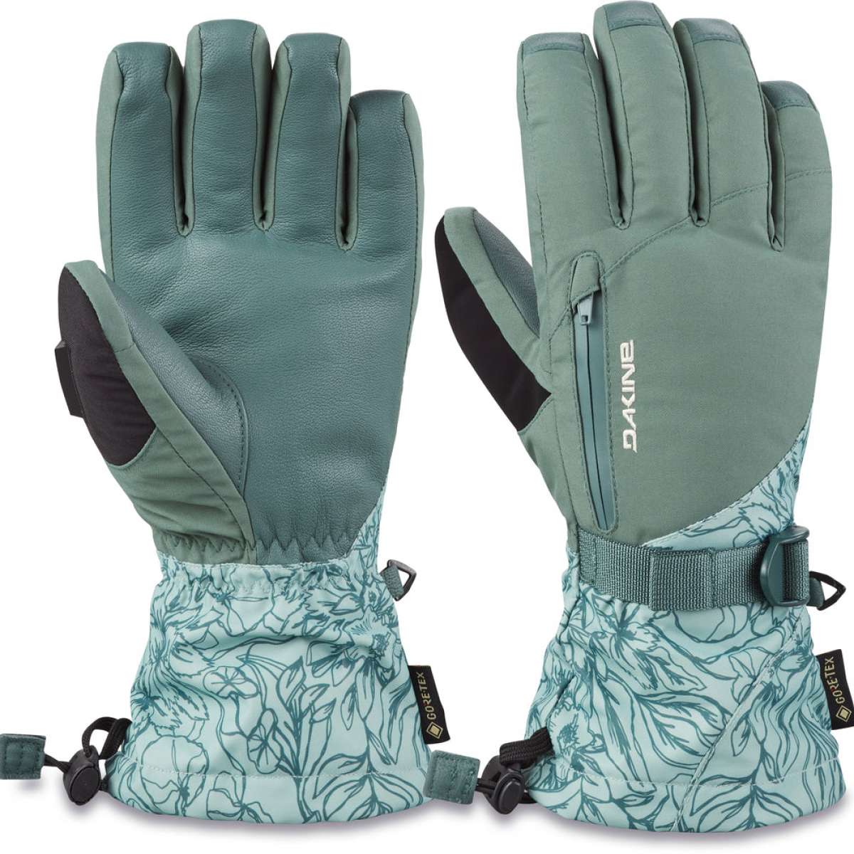 Dakine Women's Leather Sequoia GORE-TEX Gloves - A pair of gloves with a floral pattern on the wrist cuff and palm side, in a light teal color.