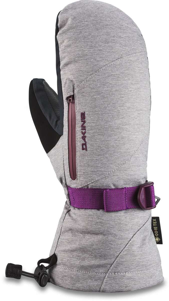 Dakine Ladies Leather Sequoia GORE-TEX Mittens - Mittens are light gray with a purple strap and buckle on the wrist.