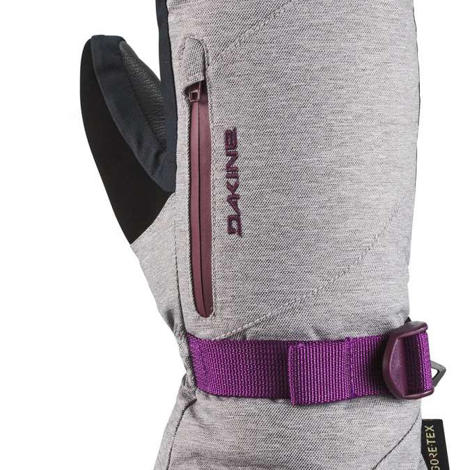 Dakine Ladies Leather Sequoia GORE-TEX Mittens - Mittens are light gray with a purple strap and buckle on the wrist.