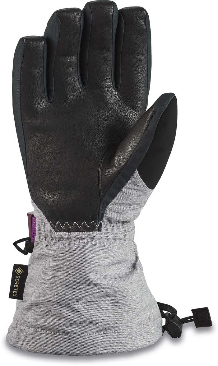 Dakine Women's Leather Sequoia GORE-TEX Glove - A black leather glove with a purple logo on the wrist strap and a white stitching pattern around the cuff.