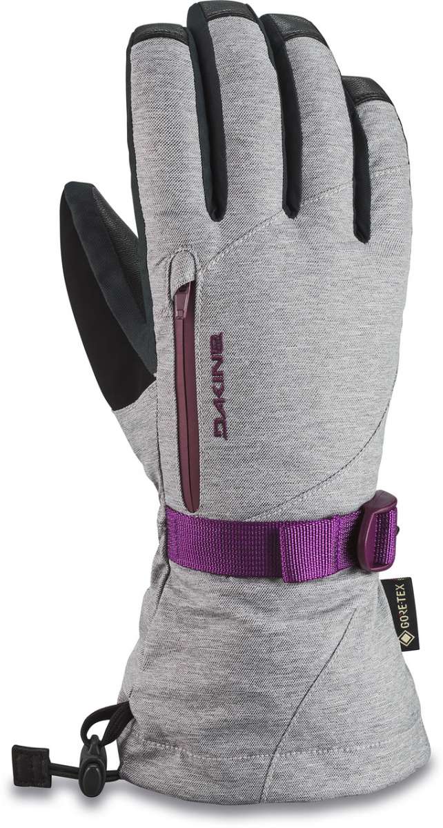 Dakine Women's Leather Sequoia GORE-TEX Glove - A light gray glove with a purple strap and black leather accents on the fingers.