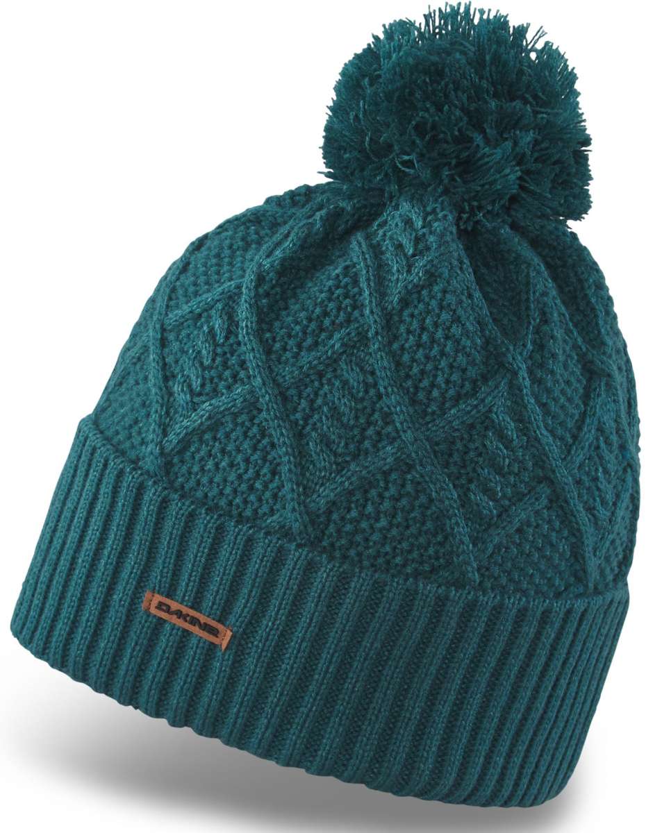 Dakine Ladies Mia Beanie 2022-2023 - A dark teal beanie with a cable-knit pattern and a large pom-pom on top.