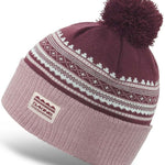 Dakine Ladies Shelby Beanie 2022-2023 - A maroon beanie with a white patterned band and a maroon pom-pom on top.