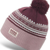 Dakine Ladies Shelby Beanie 2022-2023 - A maroon beanie with a white patterned band and a maroon pom-pom on top.