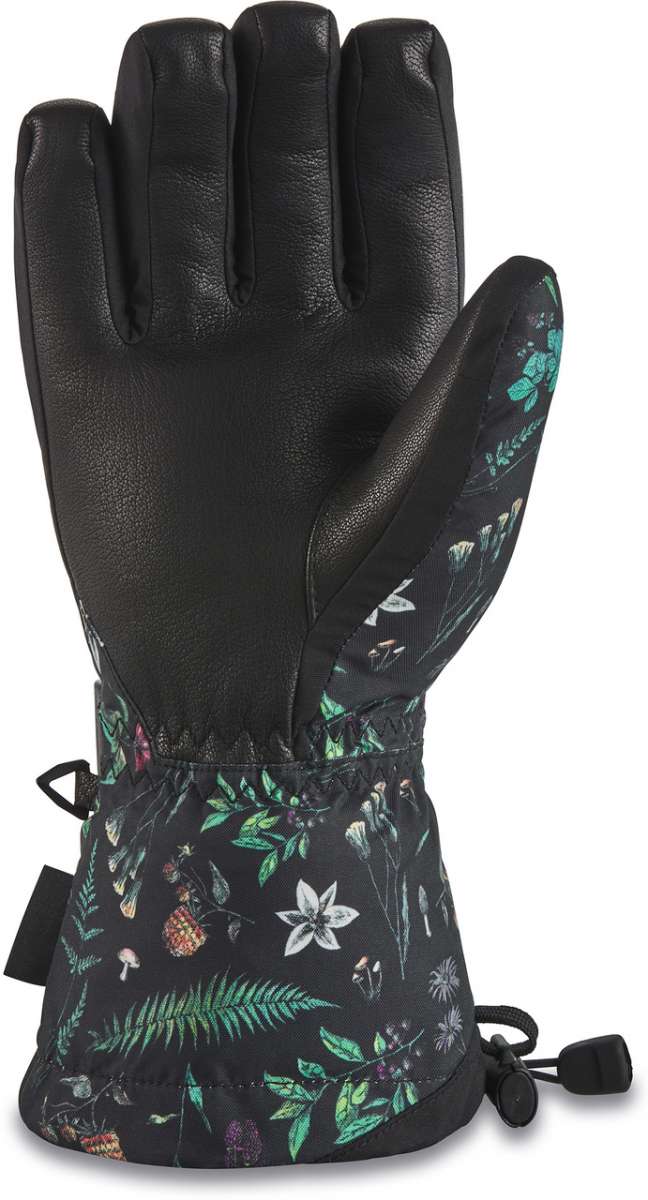 Dakine Ladies Tahoe Glove 2022-2023 - A black glove with a floral pattern on the wrist cuff and palm, featuring green leaves and small white flowers.