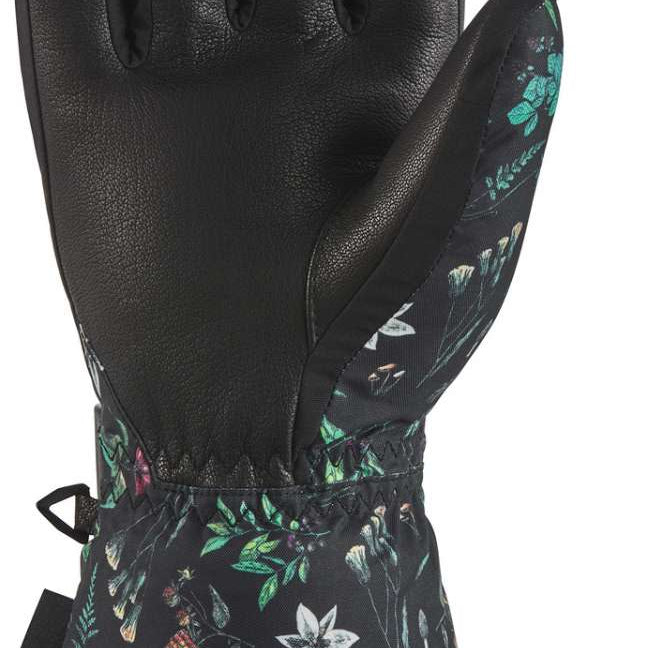 Dakine Ladies Tahoe Glove 2022-2023 - A black glove with a floral pattern on the wrist cuff and palm, featuring green leaves and small white flowers.