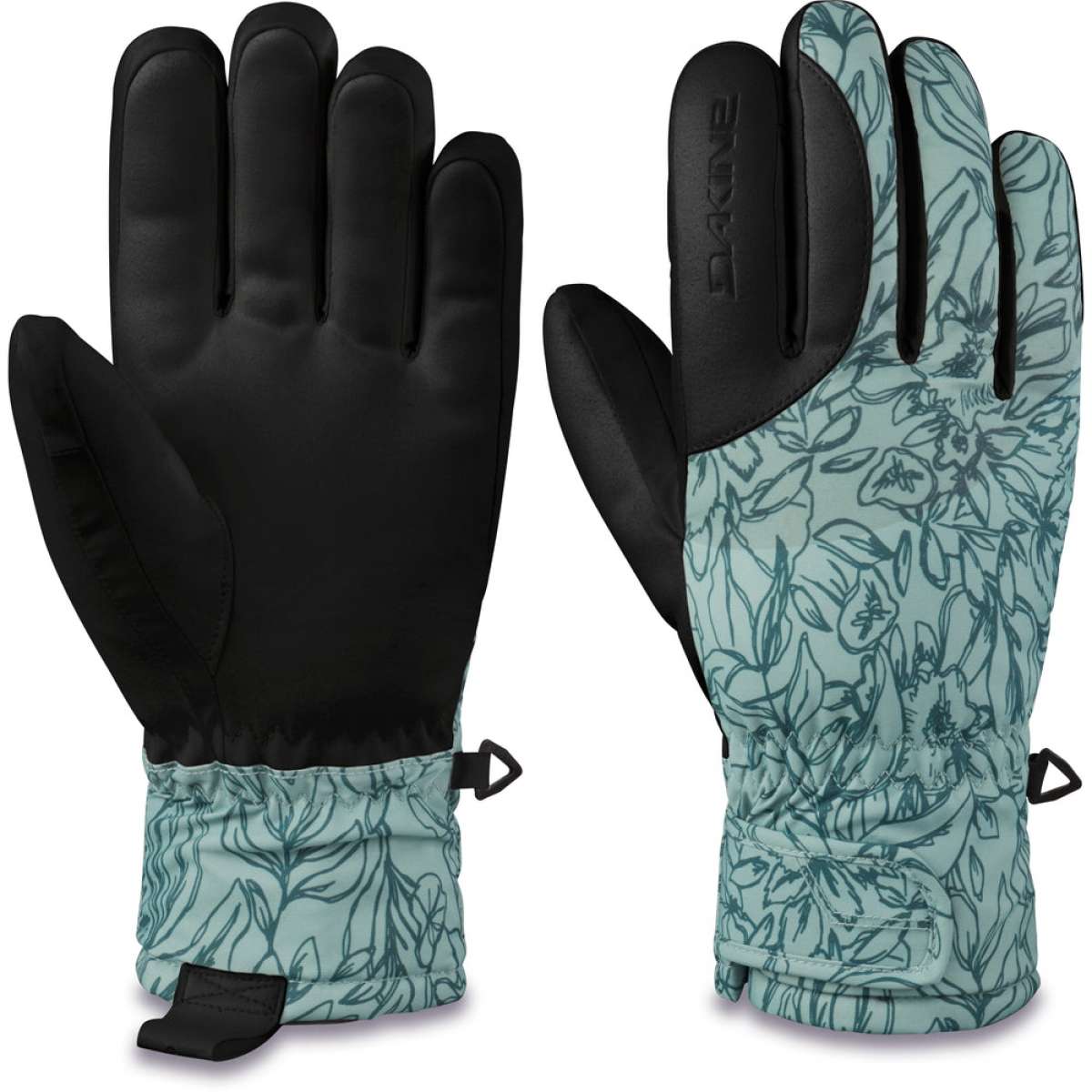 Dakine Ladies Tahoe Gloves 2024 - A pair of gloves with a light blue floral pattern on the wrist and palm, featuring dark green leaves and flowers. The rest of the glove is black.
