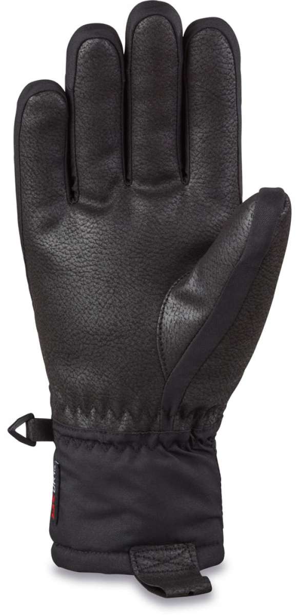 Dakine Ladies Tahoe Gloves 2024 - Pair of black gloves with a textured palm and thumb, featuring a small red logo on the wrist strap.