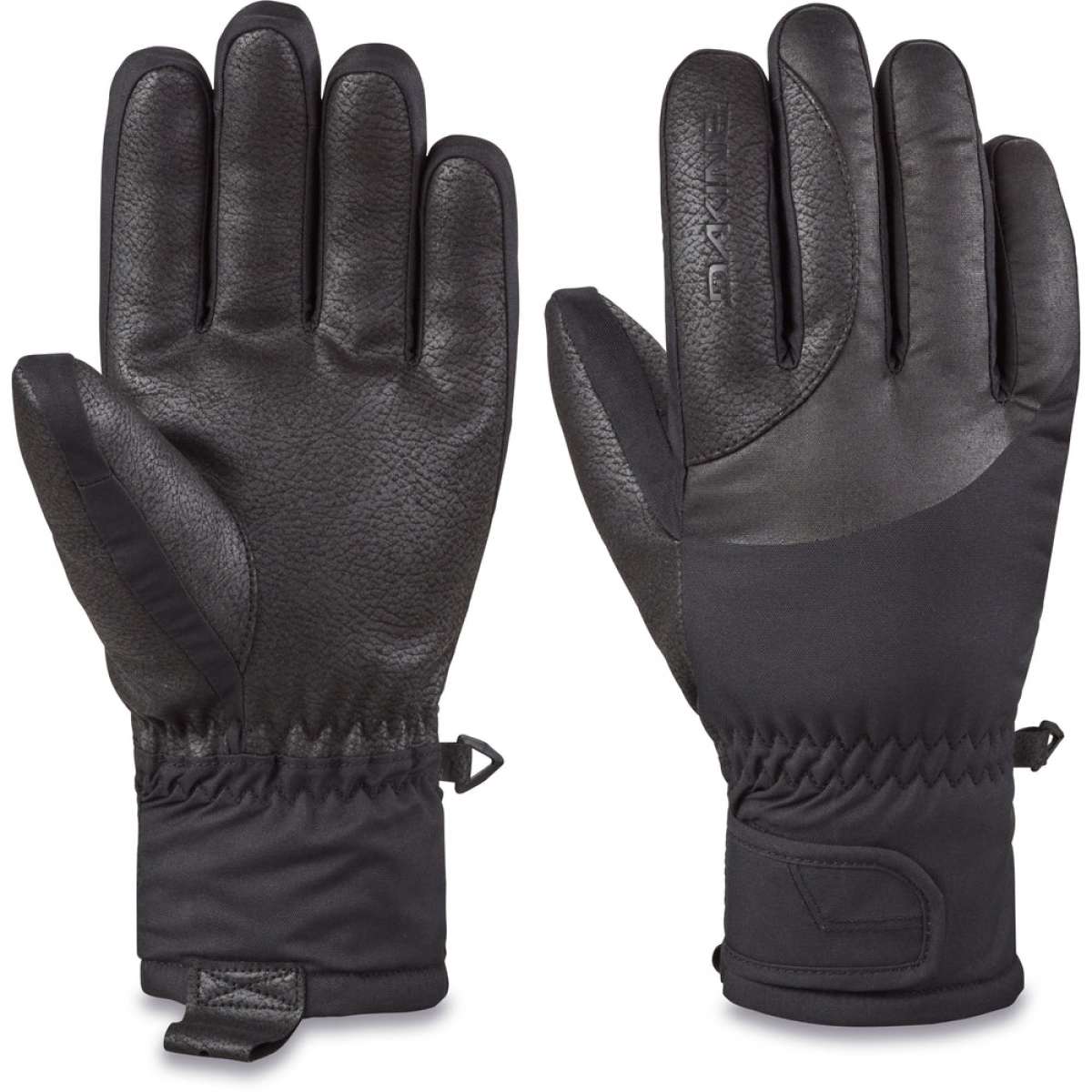 Dakine Ladies Tahoe Gloves 2024 - Pair of black gloves with textured palm and fingers, featuring a small logo on the wrist strap.