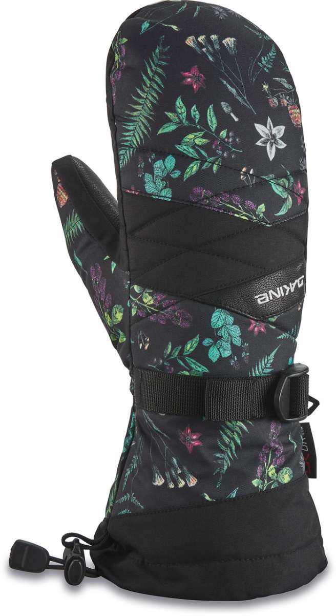 Dakine Ladies Tahoe Mitt 2022-2023 - A black mitt with a floral pattern of green leaves and purple flowers, featuring a strap closure at the wrist.