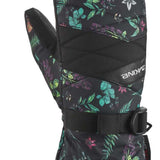 Dakine Ladies Tahoe Mitt 2022-2023 - A black mitt with a floral pattern of green leaves and purple flowers, featuring a strap closure at the wrist.