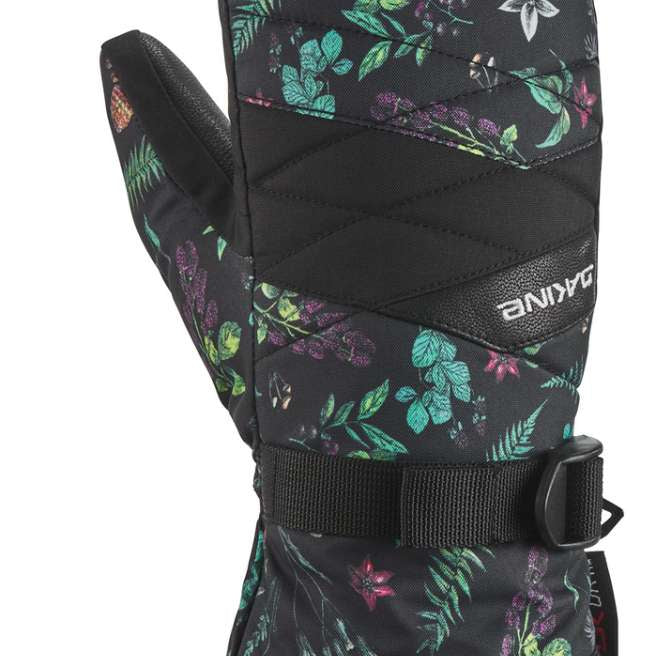Dakine Ladies Tahoe Mitt 2022-2023 - A black mitt with a floral pattern of green leaves and purple flowers, featuring a strap closure at the wrist.