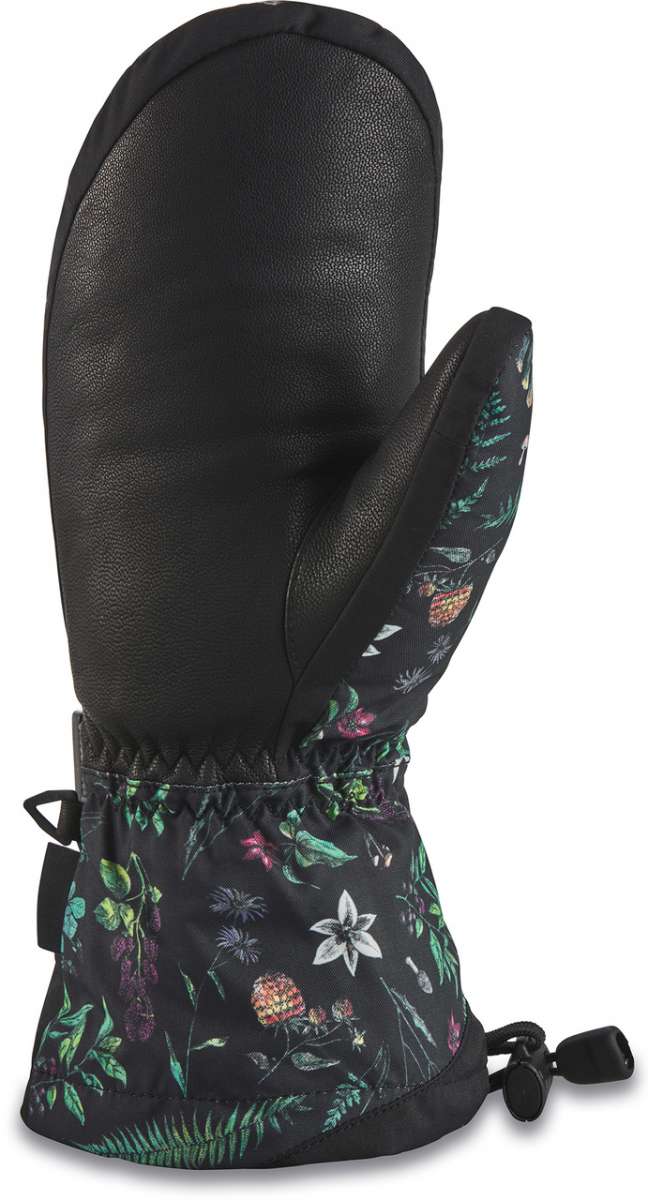 Dakine Ladies Tahoe Mitt 2022-2023 - A black mitt with a floral pattern of green leaves and pink flowers, featuring a brown leather palm and wrist strap.