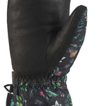 Dakine Ladies Tahoe Mitt 2022-2023 - A black mitt with a floral pattern of green leaves and pink flowers, featuring a brown leather palm and wrist strap.