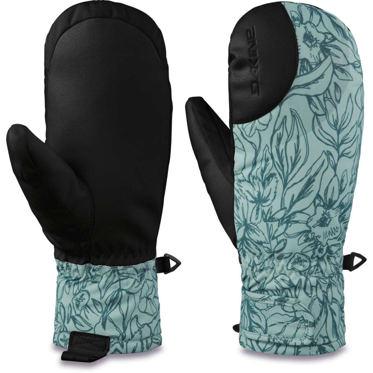 Dakine Ladies Tahoe Mittens - Pair of mittens with a light blue floral pattern on the cuff and black palms.