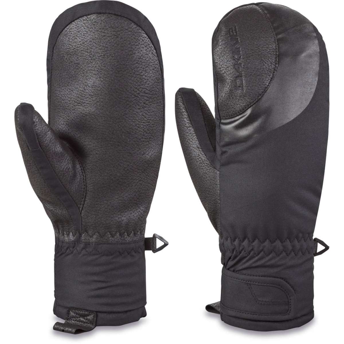 Dakine Ladies Tahoe Mittens - Pair of black mittens with a textured palm and thumb, featuring a small logo on the wrist strap.
