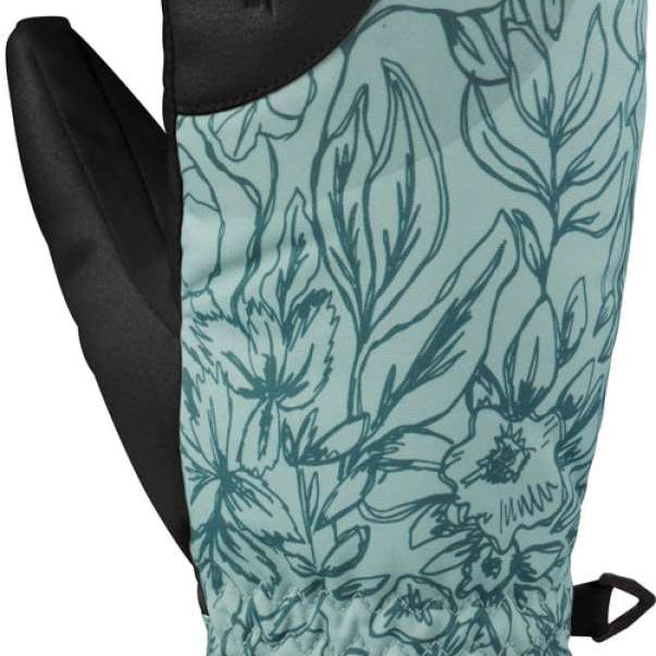 Dakine Ladies Tahoe Mittens - Pair of mittens with a floral pattern on a light blue background, featuring black flowers and leaves.