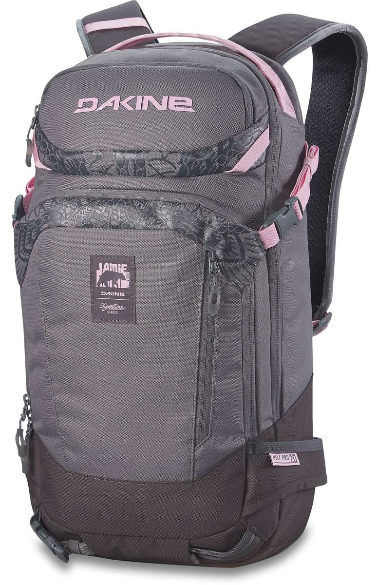 Dakine Ladies Team Heli Pro 20L 2022-2023 - A gray backpack with a pink logo and accents, featuring a zippered front pocket and two side pockets.