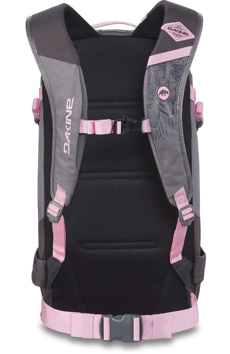 Dakine Ladies Team Heli Pro 20L 2022-2023 - A gray backpack with a pink logo and accents, featuring a zippered pocket on the front.