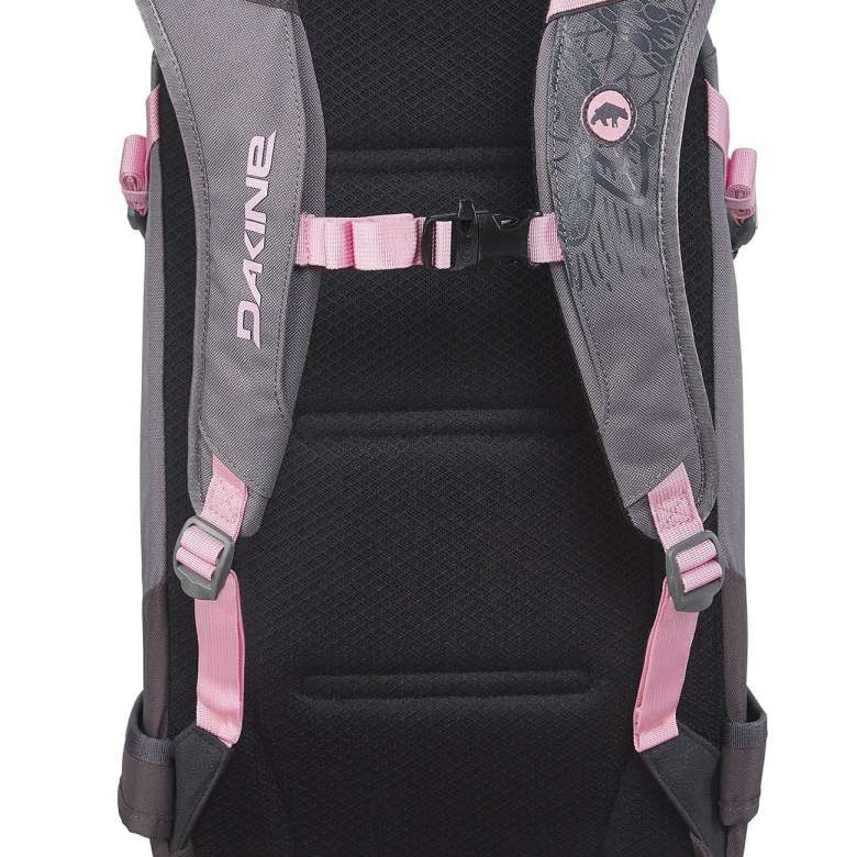 Dakine Ladies Team Heli Pro 20L 2022-2023 - A gray backpack with a pink logo and accents, featuring a zippered pocket on the front.
