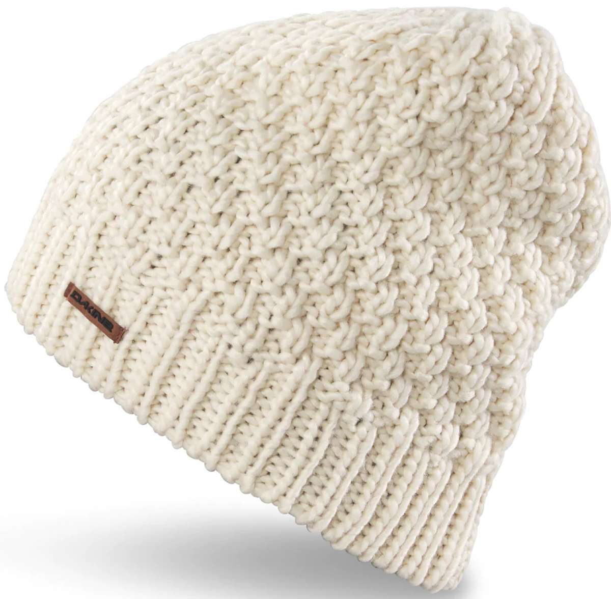 Dakine Ladies Zoe Beanie 2024 - A cream-colored beanie with a brown leather label on the front.