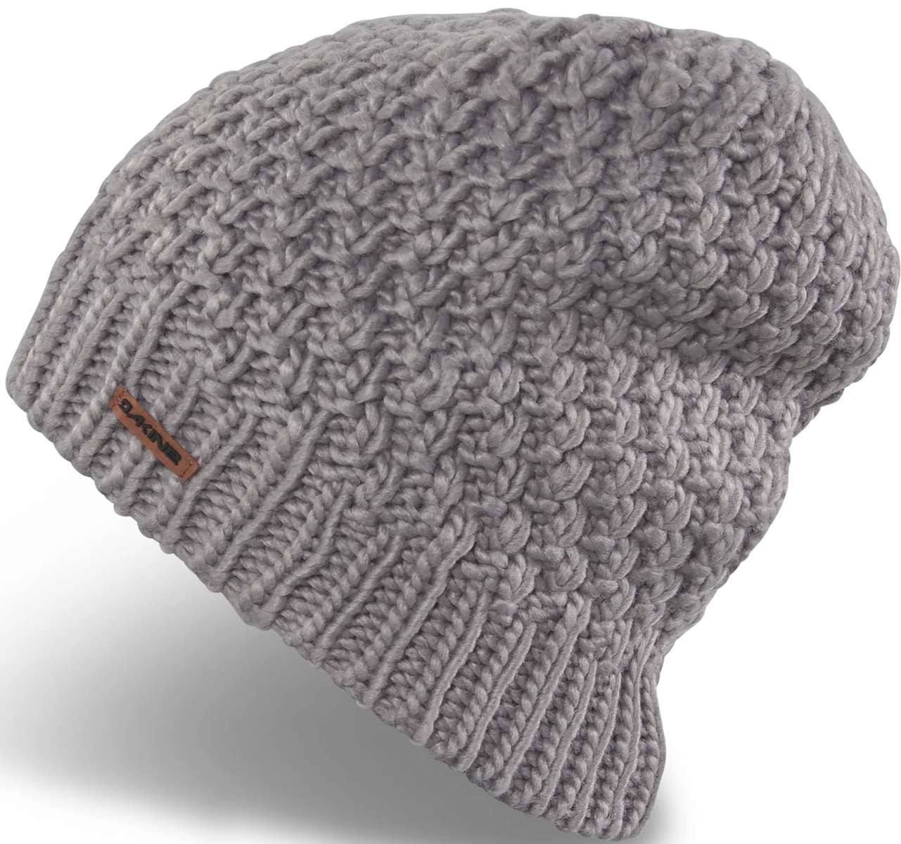 Dakine Ladies Zoe Beanie 2024 - A light gray beanie with a ribbed cuff and a small brown leather label on the front.