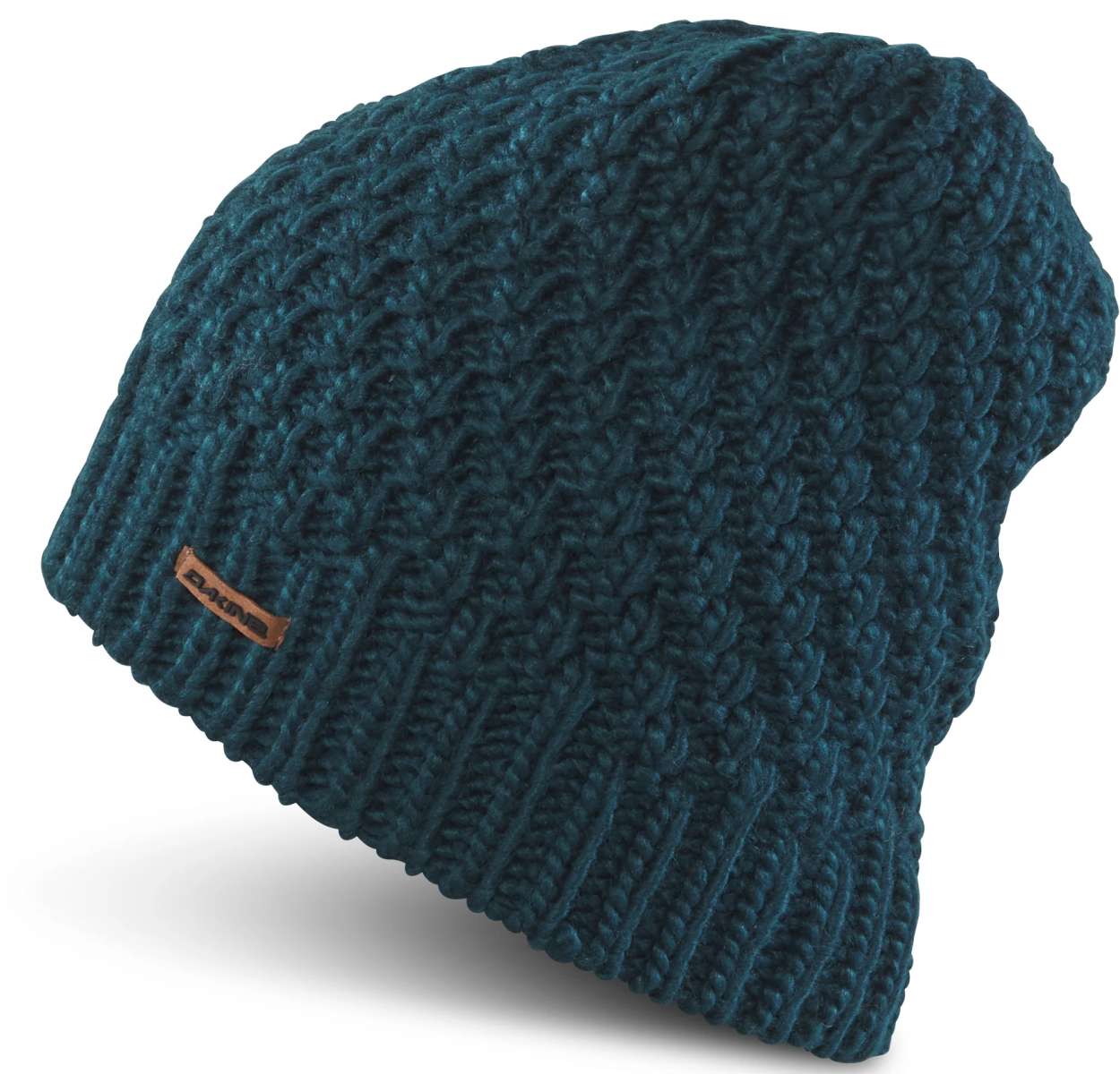 Dakine Ladies Zoe Beanie 2024 - A dark teal beanie with a ribbed cuff and a small brown leather label on the front.
