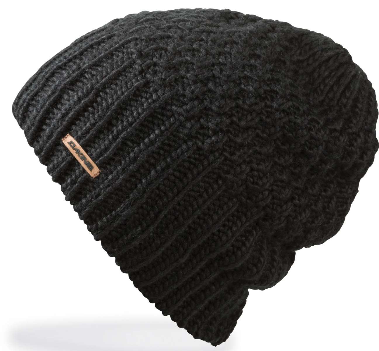 Dakine Ladies Zoe Beanie 2024 - A black beanie with a small, rectangular brown leather tag on the front.