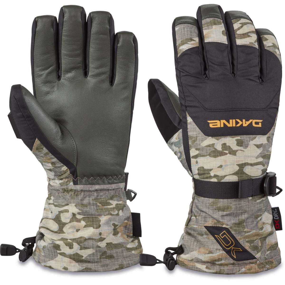 Dakine Leather Scout Gloves 2024 - A pair of gloves with a brown leather palm and fingers, featuring a camouflage pattern on the back.