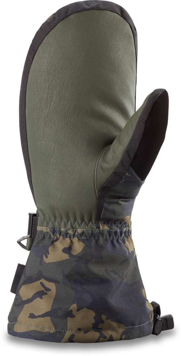 Dakine Leather Scout Mitt 2022-2023 - A dark brown leather mitt with a black strap and buckle on the wrist, featuring a camouflage pattern on the palm side.