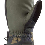 Dakine Leather Scout Mitt 2022-2023 - A dark brown leather mitt with a black strap and buckle on the wrist, featuring a camouflage pattern on the palm side.
