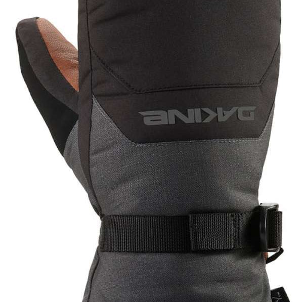 Dakine Leather Scout Mittens - A pair of mittens with a brown leather palm and gray fabric back, featuring a strap closure on the wrist.