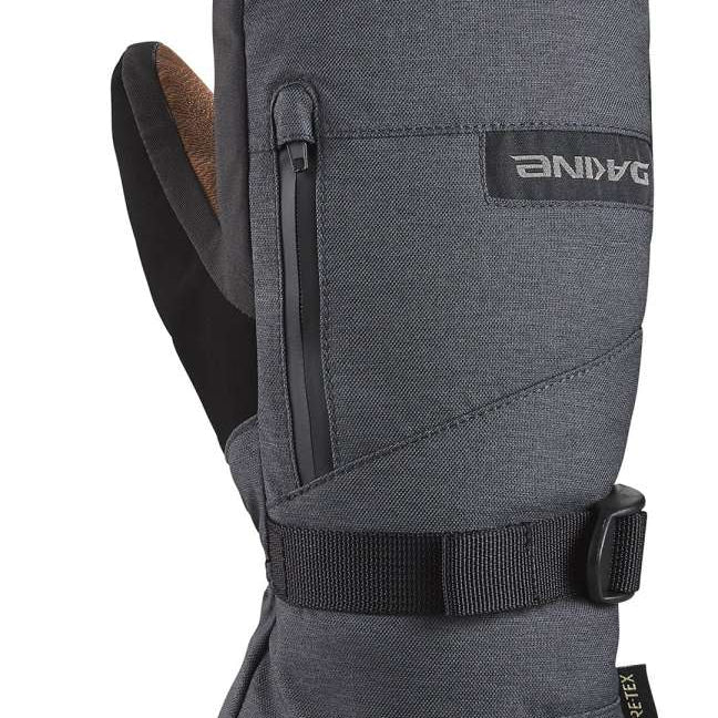 Dakine Leather Titan GORE-TEX Mitt - Mitt is dark gray with brown leather palm and thumb, black strap on wrist.