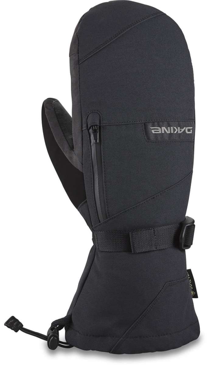 Dakine Leather Titan GORE-TEX Mittens - Mittens are black with a textured leather palm and thumb, featuring a zippered pocket on the back of one mitten.