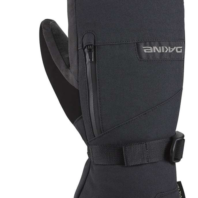 Dakine Leather Titan GORE-TEX Mittens - Mittens are black with a textured leather palm and thumb, featuring a zippered pocket on the back of one mitten.