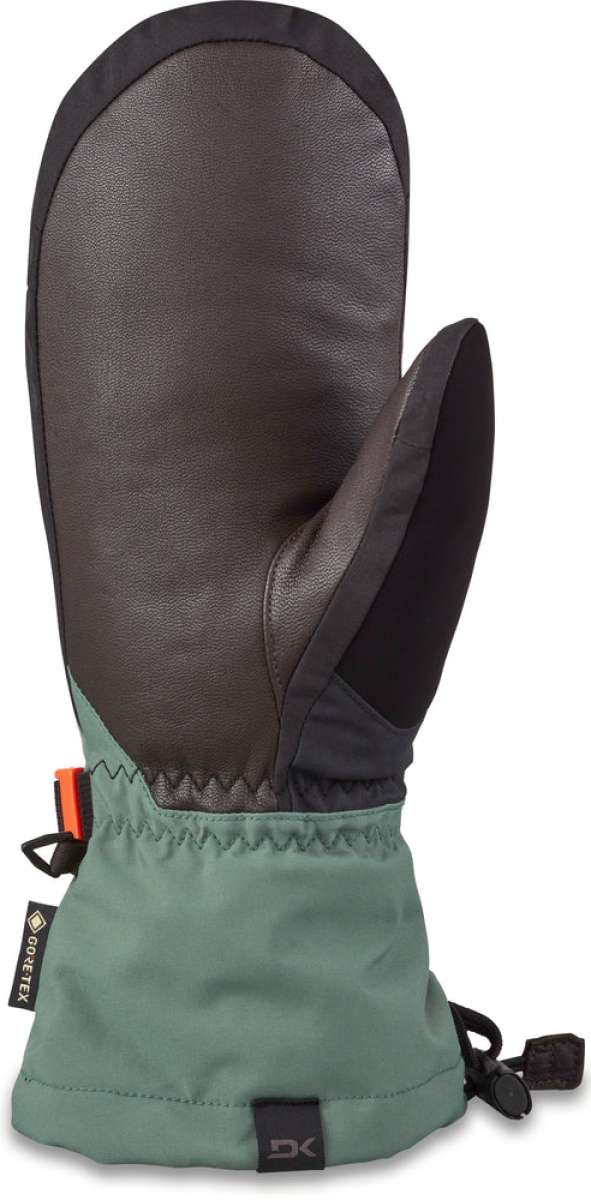 Dakine Leather Titan GORE-TEX Mittens - Mittens are black with a textured leather palm and thumb, featuring a red pull tab on the wrist strap.