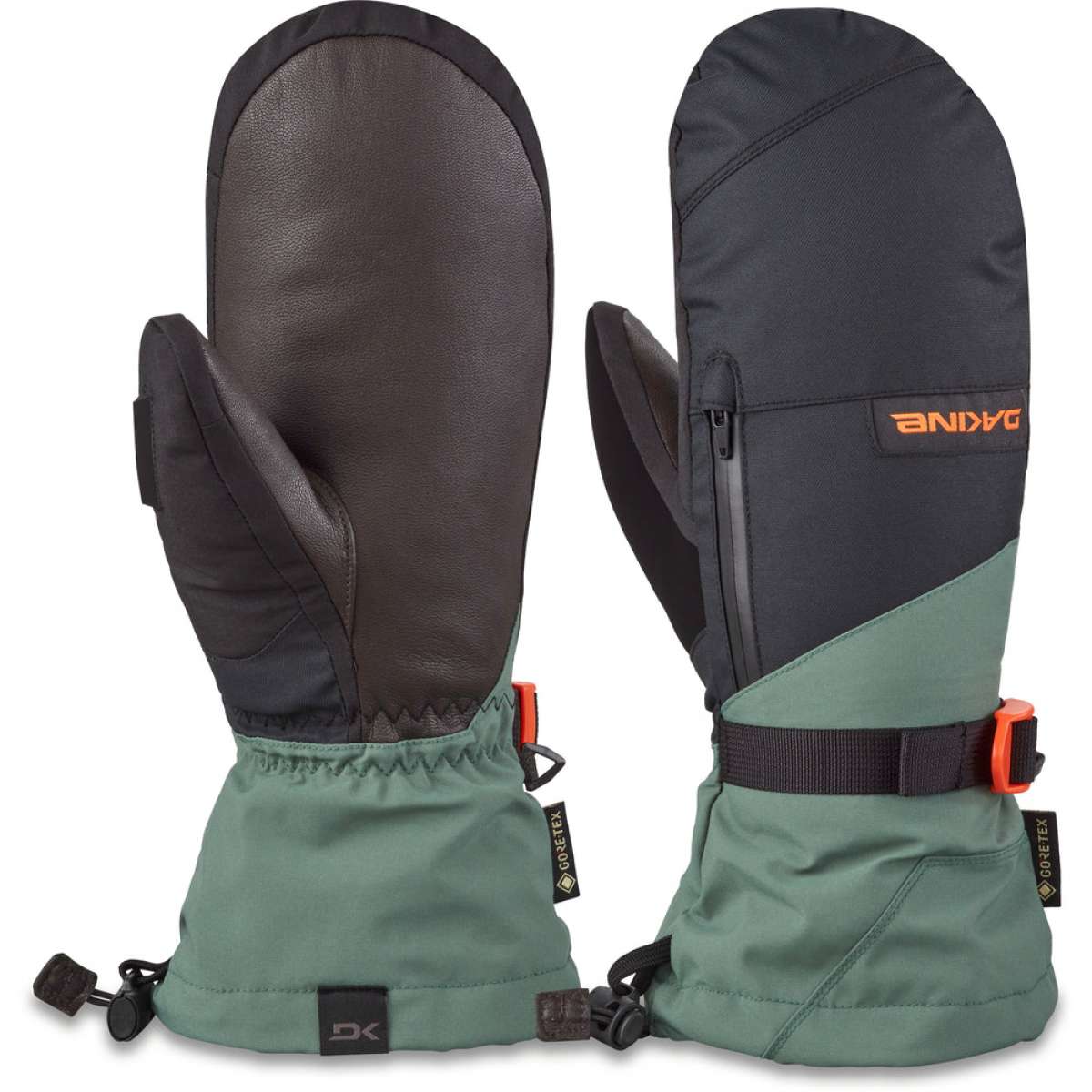 Dakine Leather Titan GORE-TEX Mittens - Mittens are black with brown leather palms and cuffs, featuring a zippered pocket on one side.