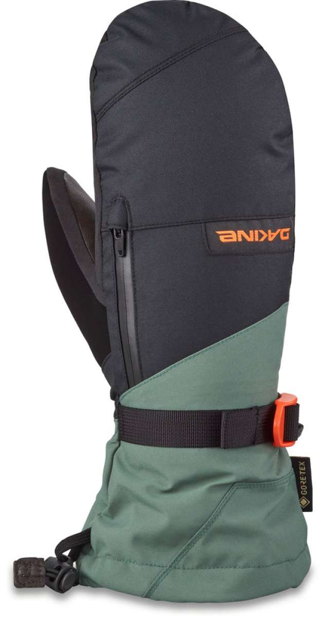 Dakine Leather Titan GORE-TEX Mittens - Mittens are black with orange accents and a brown leather palm.