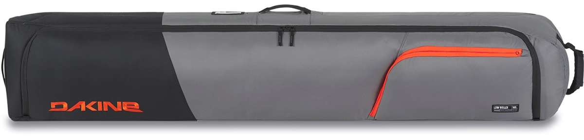 Dakine - Low Roller Board Bag 2024 is shown from a front view, featuring a gray and black color scheme with orange accents.