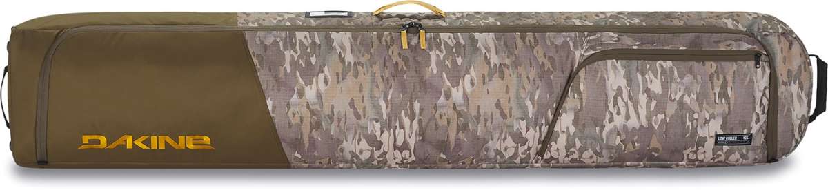 Dakine Low Roller Board Bag 2024 - A brown bag with a zippered top and handle on one end, featuring a camouflage pattern of shades of green, tan, and gray.
