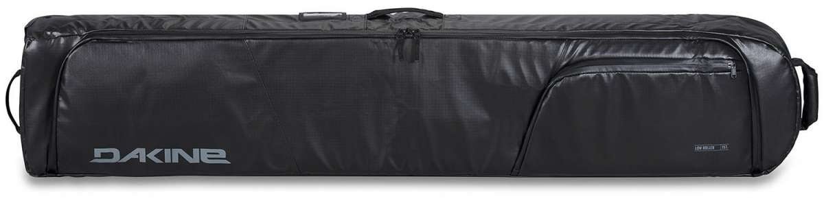 Dakine - Low Roller Board Bag 2024 is shown from a front perspective, featuring a black nylon material with a zippered pocket on the side.