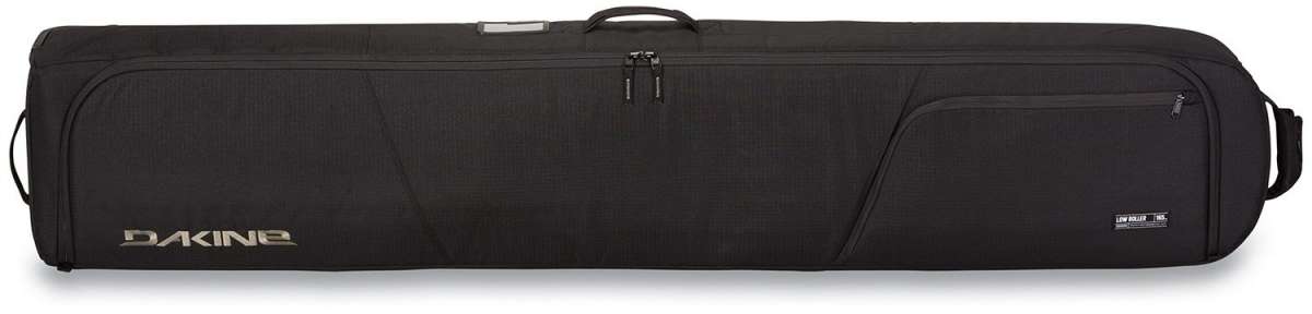 Dakine - Low Roller Board Bag 2024 is shown from a front perspective, featuring a black fabric with silver hardware and a zippered pocket on the side.
